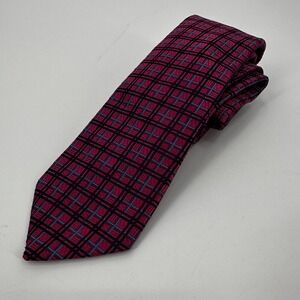 JSA Bank Reserve Collection‎ Men's Silk Necktie Burgundy Blue Plaid Pattern